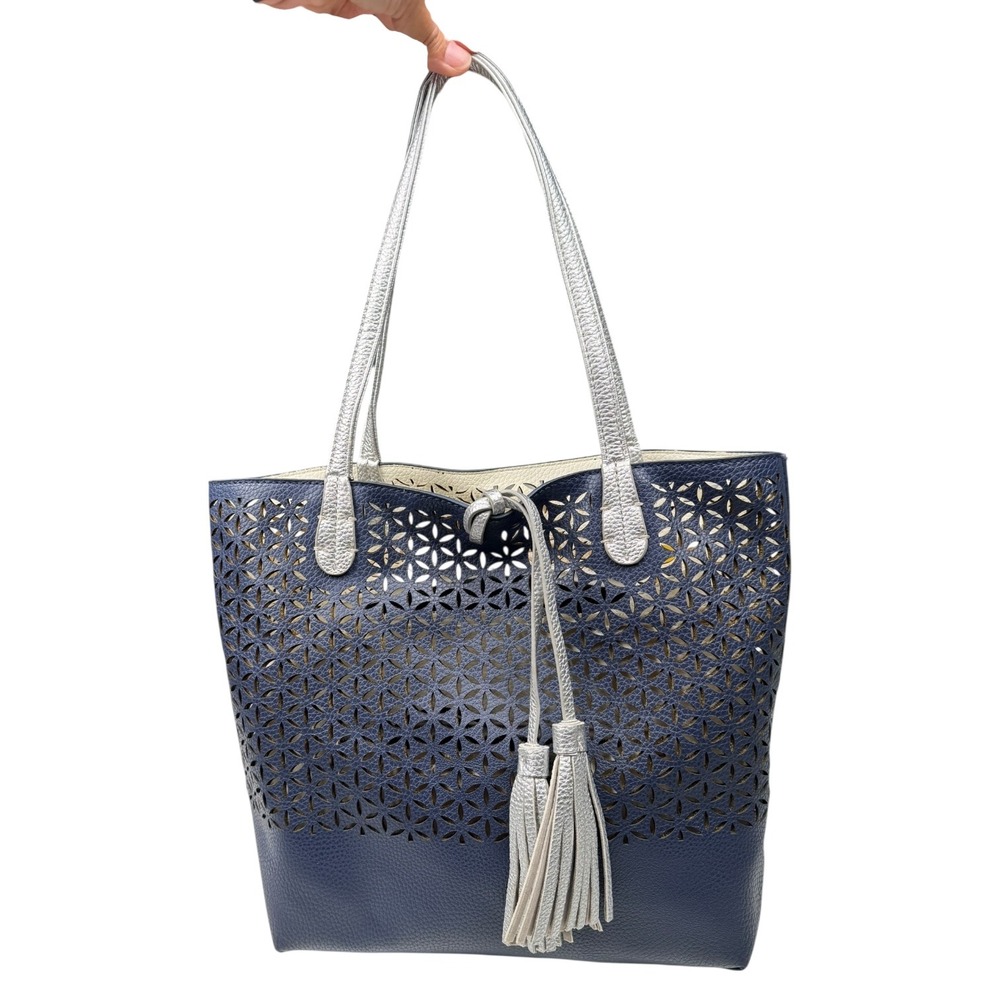 Imoshin Laser Cut Tote‎ Bag Silver Navy Removable Pouch B72Q